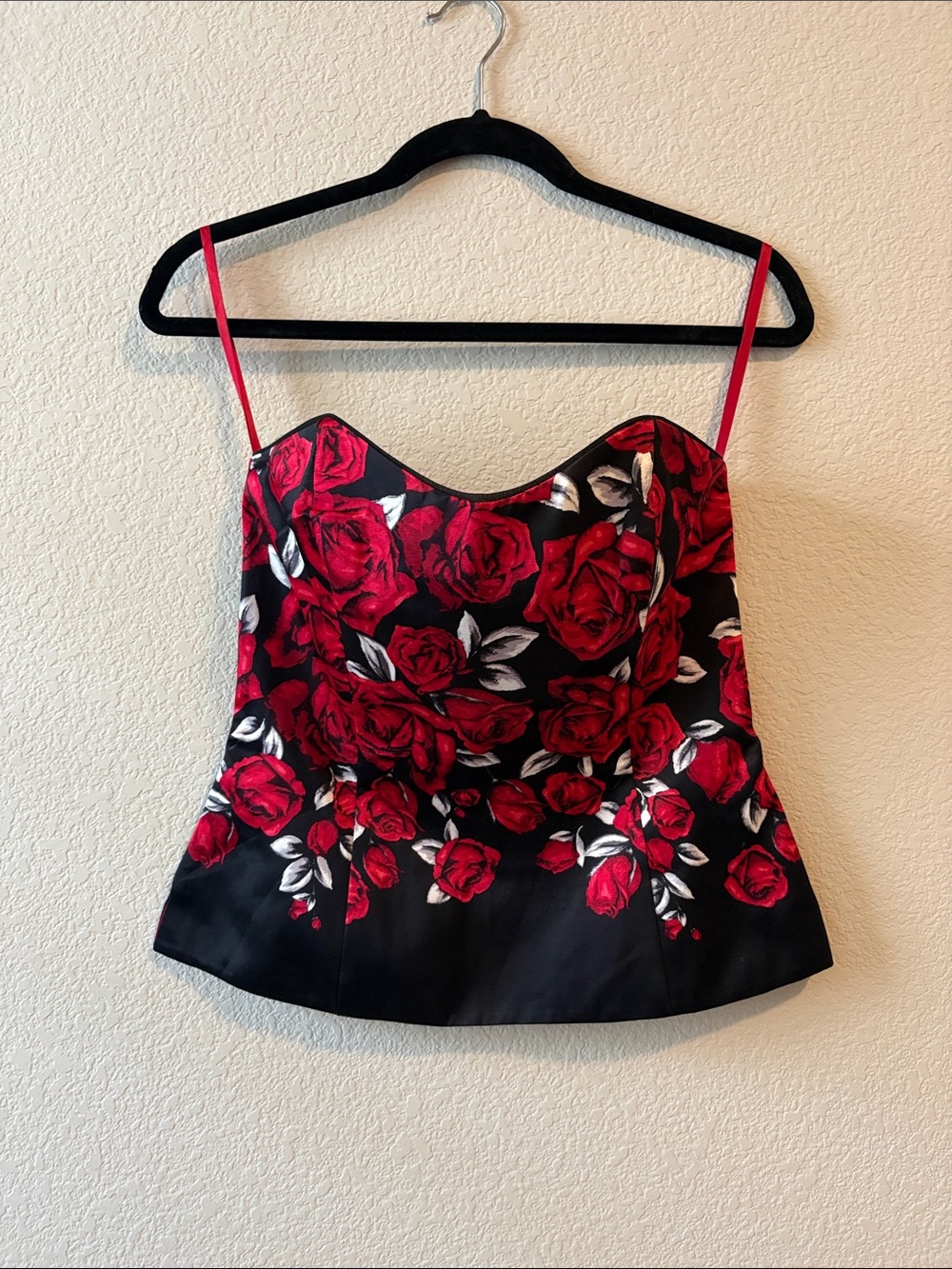 White House Black Market Black Satin corset with Red Rose Print